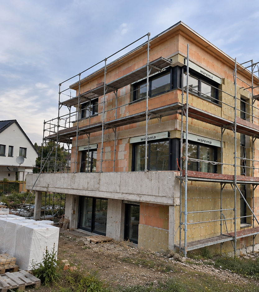 Fassade vor der Sanierung – Rohbau mit Gerüst